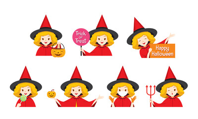 Set Of Cute Girl With Red Little Witch Costume, Happy Halloween