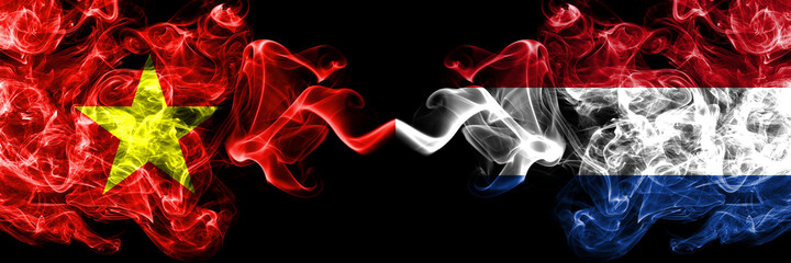 Vietnam, Vietnamese vs Netherlands, Dutch, Holland smoke flags side by side.