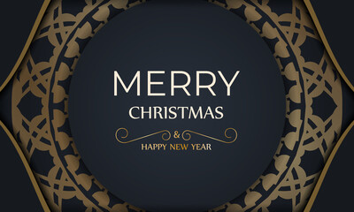 Happy new year greeting card template in dark blue color with vintage gold pattern