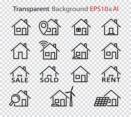 Set of house line icons. Smart, eco, sale, rent vector house icons on transparent background. Eps and Ai files.