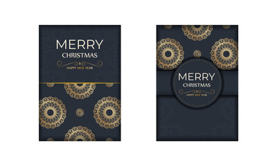 Holiday card Happy New Year in dark blue color with luxury gold pattern