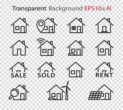 Set Of House Line Icons. Smart, Eco, Sale, Rent Vector House Icons On Transparent Background. Eps And Ai Files.