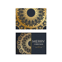 Holiday card Merry Christmas and Happy New Year in dark blue color with abstract gold pattern