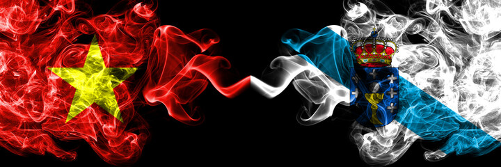 Vietnam, Vietnamese vs Spain, Espana, Galicia smoke flags side by side.