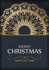 Holiday card Merry Christmas and Happy New Year in dark blue color with winter gold ornament