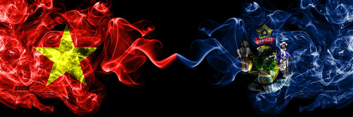 Vietnam, Vietnamese vs United States of America, America, US, USA, American, Maine smoke flags side by side.