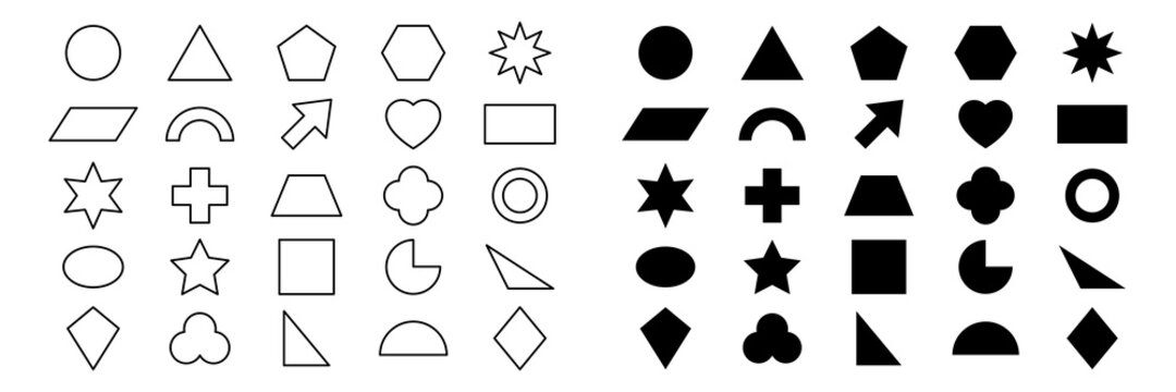 Geometric shape icon set. Black silhouette and line large collection basic figures. Vector isolated on white