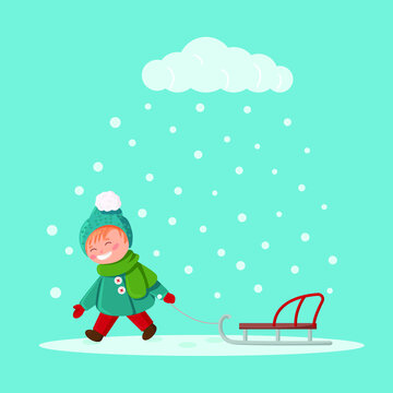 Christmas vector illustration of a boy. Winter , snowfall and cloud images.