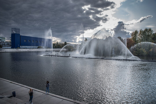 Vinnitsa. Ukraine. October 6, 2019; Light and music fountain on the South Bug River in the city of Vinnitsa, Ukraine. A multimedia fountain on the river along the promenade.