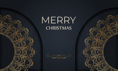 Holiday Flyer Merry Christmas and Happy New Year in dark blue color with vintage gold ornament