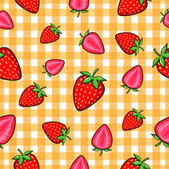 Vector Fresh Strawberries Seamless Pattern on White Background. Seamless pattern of fresh strawberry background. Strawberries and Seeds Texture Fabric Textile Prints Wallpaper Card or Banner Website