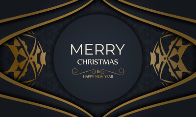 Merry christmas and happy new year flyer template in dark blue color with luxury gold pattern