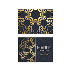 Merry christmas and happy new year flyer template in dark blue color with vintage gold ornament