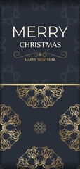 Merry christmas and happy new year flyer template in dark blue color with vintage gold ornament