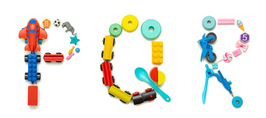 Letters P, Q, R made by kids toys isolated on white background