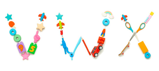 Letters V, W, X made by kids toys isolated on white background