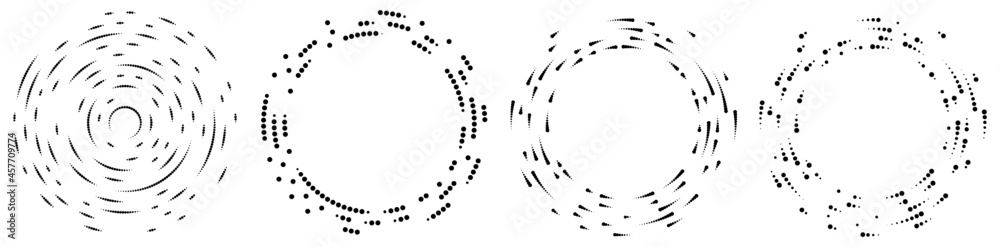 Poster Random circles, dots, speckles and freckles concentric, circular and radial element. Pointillist, pointillism random halftone circles