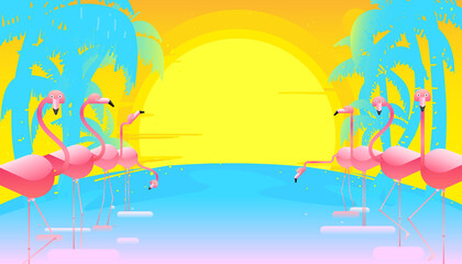 Fototapeta na wymiar Pink flamingo bird with palm trees and sunset background. Vector illustration of tropical birds..