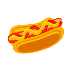 Hot dog isolated on a white background.Vector illustration.Sausage with mustard bun and ketchup can be used in menus,banners,textiles.