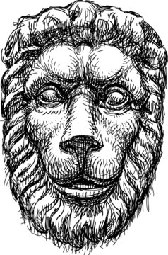 Freehand drawing of vintage sculptural relief in shape of lion head on wall ancient building