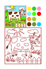 Coloring page with milk cow on the pasture
