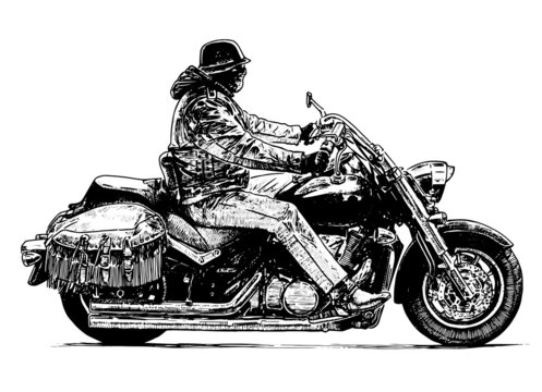 Vector drawing profile of modern urban biker in helmet and mask riding cool motorcycle