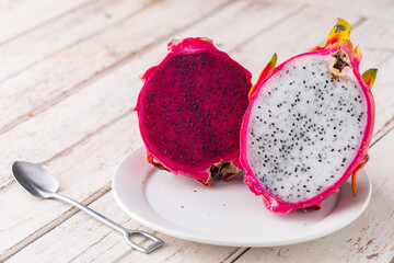 sliced red dragon fruit, Costa Rican dragon fruit, purple pitaya, strawberry pear cactus and white...