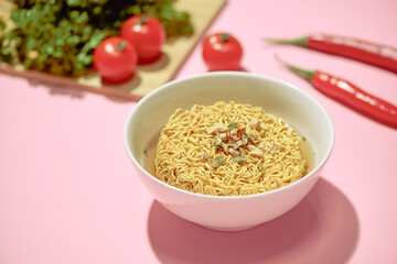 Soup Ramen noodles in ceramic bowl horizontal