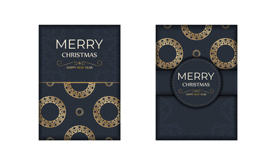 Postcard template Merry christmas in dark blue color with vintage gold ornament