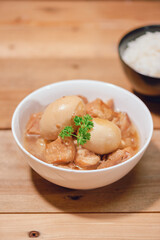 Braised three layer pork with seasoned boiled egg.