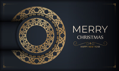Postcard template Merry christmas in dark blue color with winter gold ornament