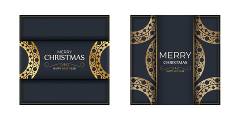 Postcard template Merry christmas in dark blue with vintage gold pattern