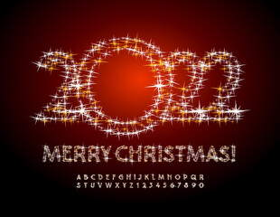 Vector beautiful Greeting Card Merry Christmas 2022! Starry luxury Font. Luxury sparkling Alphabet Letters and Numbers set