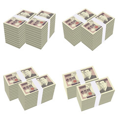 経済のイラスト素材　マネー　平らに積まれた札束　リアル風一万円札　二千万円（1）　カット四点セット