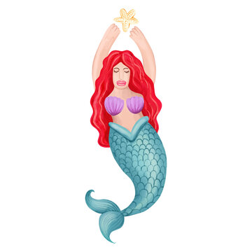 Beautiful mermaid with red hair on a white background. Hand-drawn watercolor illustration