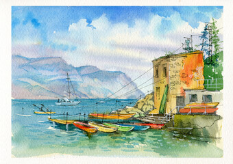 Fototapeta na wymiar City landscape. A picturesque bay with boats and ships. Watercolor. Sevastopol, Crimea. Drawing by hand.