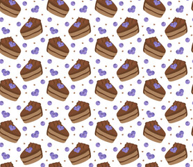 Seamless pattern with blueberry chocolate cakes in cartoon style