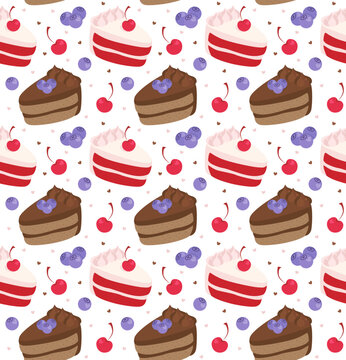 Seamless pattern with cherry and blueberry cakes in cartoon style