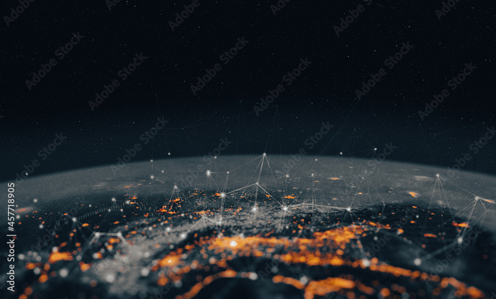 Poster Communication technology for internet business. Global world network and telecommunication on earth cryptocurrency and blockchain and IoT. Elements of this image furnished by NASA