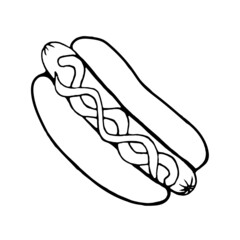 Hot dog with mustard and ketchup on a white background.Vector doodle illustration.