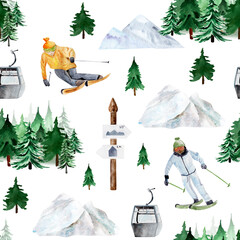 People skiing watercolor seamless pattern. Template for decorating designs and illustrations.