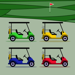 Vector golf cart icon with golf course background. Vector flat golf cart icon symbol sign.