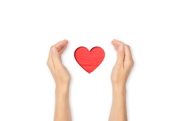Open palms holding red heart isolated on white background. Love and care concept