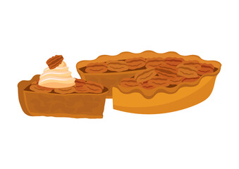 Delicious pecan pie with whipped cream icon vector. Slice of pecan pie icon isolated on a white background. Cake with pecans nuts vector