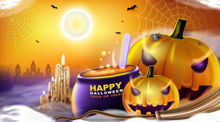 Happy Halloween background with night clouds and pumpkin.