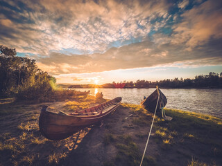 Boats at River Sunset Scenery