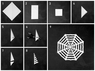 Step-by-step photo instruction spiderweb from paper. Halloween party. Children's art project. DIY concept.