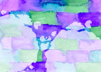 Multicolored watercolor hand drawn abstract background. Blue, green, violet and purple colorful Spots and Splashes brick and stone texture. left and right two light Drops on dark Backgrounds. Backdrop