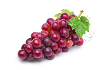 A  bunch of red grape with leaves isolated on white background.