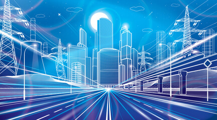 Wide illuminated highway. Train rides. Modern night town. Traffic neon lights. Cars motion. Infrastructure outlines illustration, urban scene. White lines on blue background. Vector design art  - 457721379
